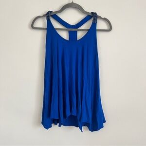 NWT Y2K Sky Blue Rhinestone Beaded T Back Flowy Tank Top Women’s Size Small